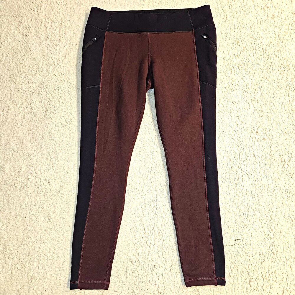 Athleta Leggings Womens XL Maroon Red Black Colorblock High Rise Fleece Lined